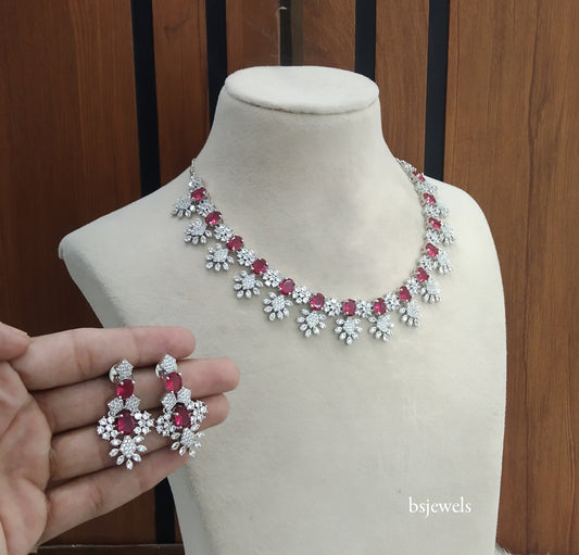 Silver Ruby American Diamond Ad Navjot Necklace Set