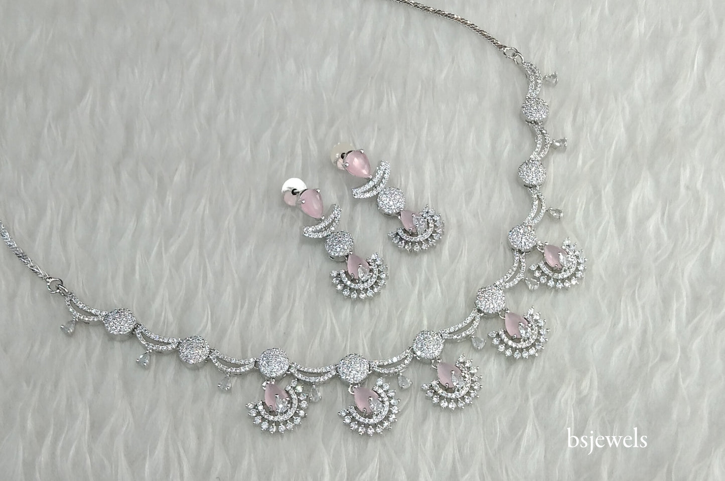Silver Pink American Diamond Ad Navjot Necklace Set