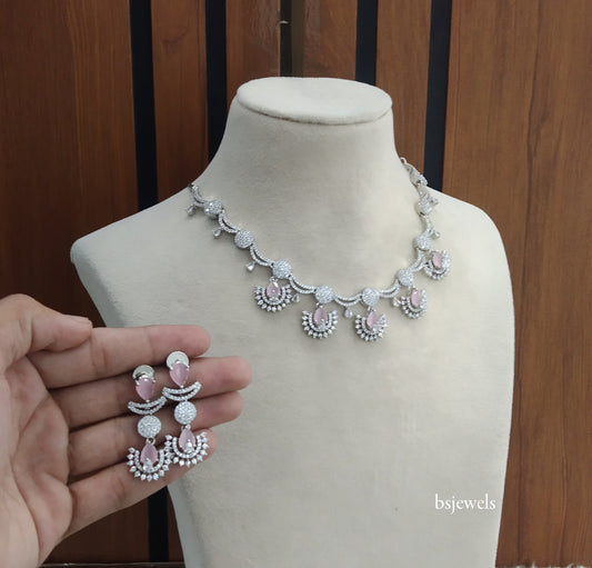 Silver Pink American Diamond Ad Navjot Necklace Set