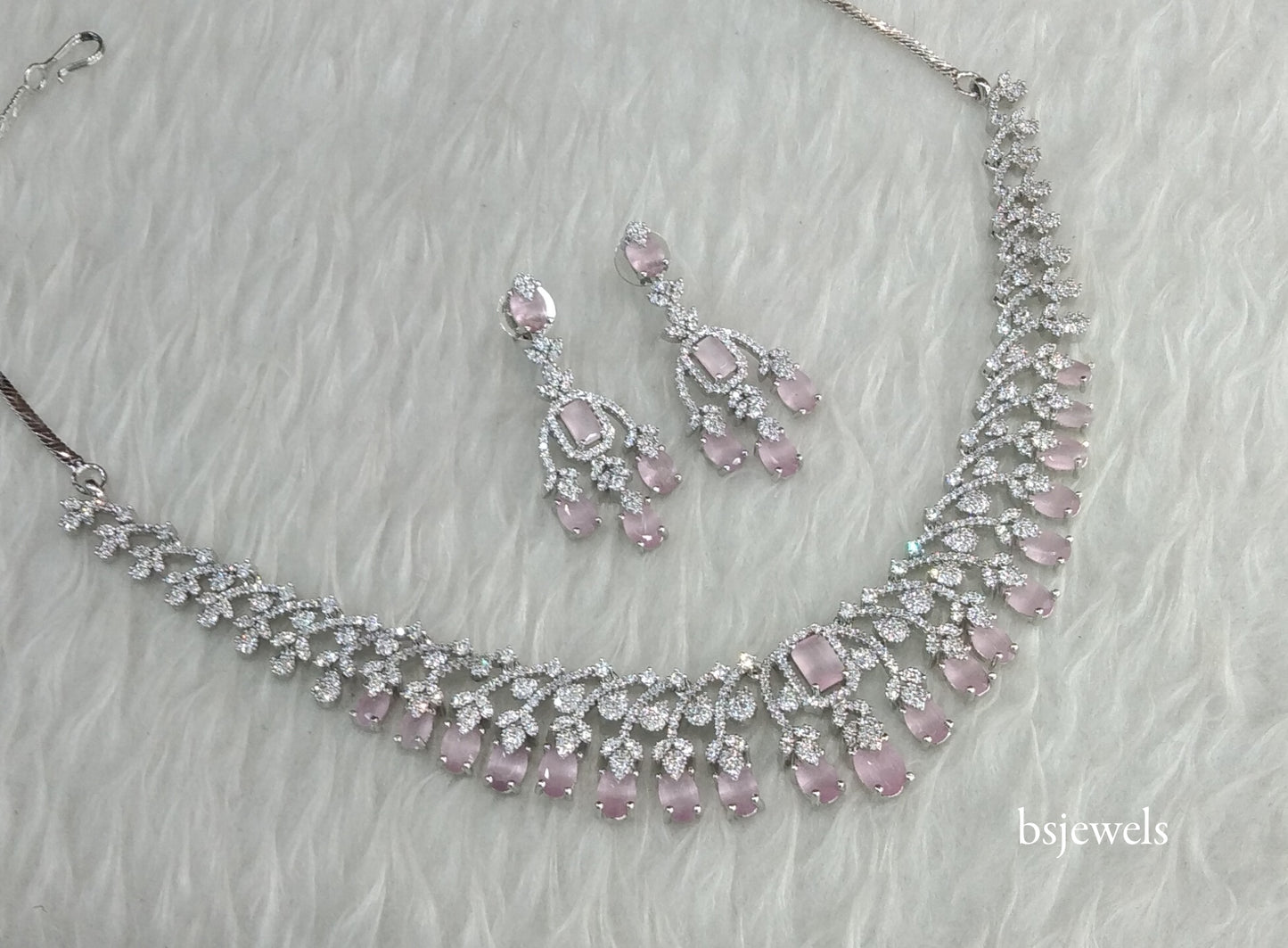 Silver Pink American Diamond Ad Navjot Necklace Set