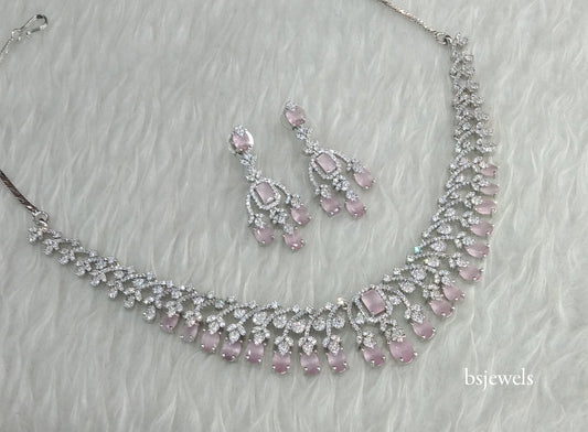 Silver Pink American Diamond Ad Navjot Necklace Set