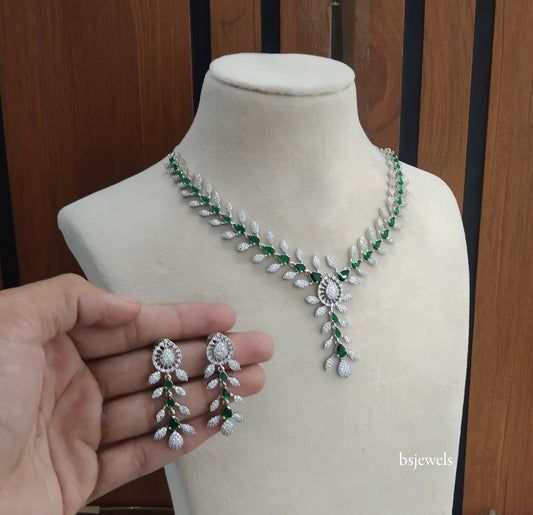 Silver Green American Diamond Ad Navjot Necklace Set
