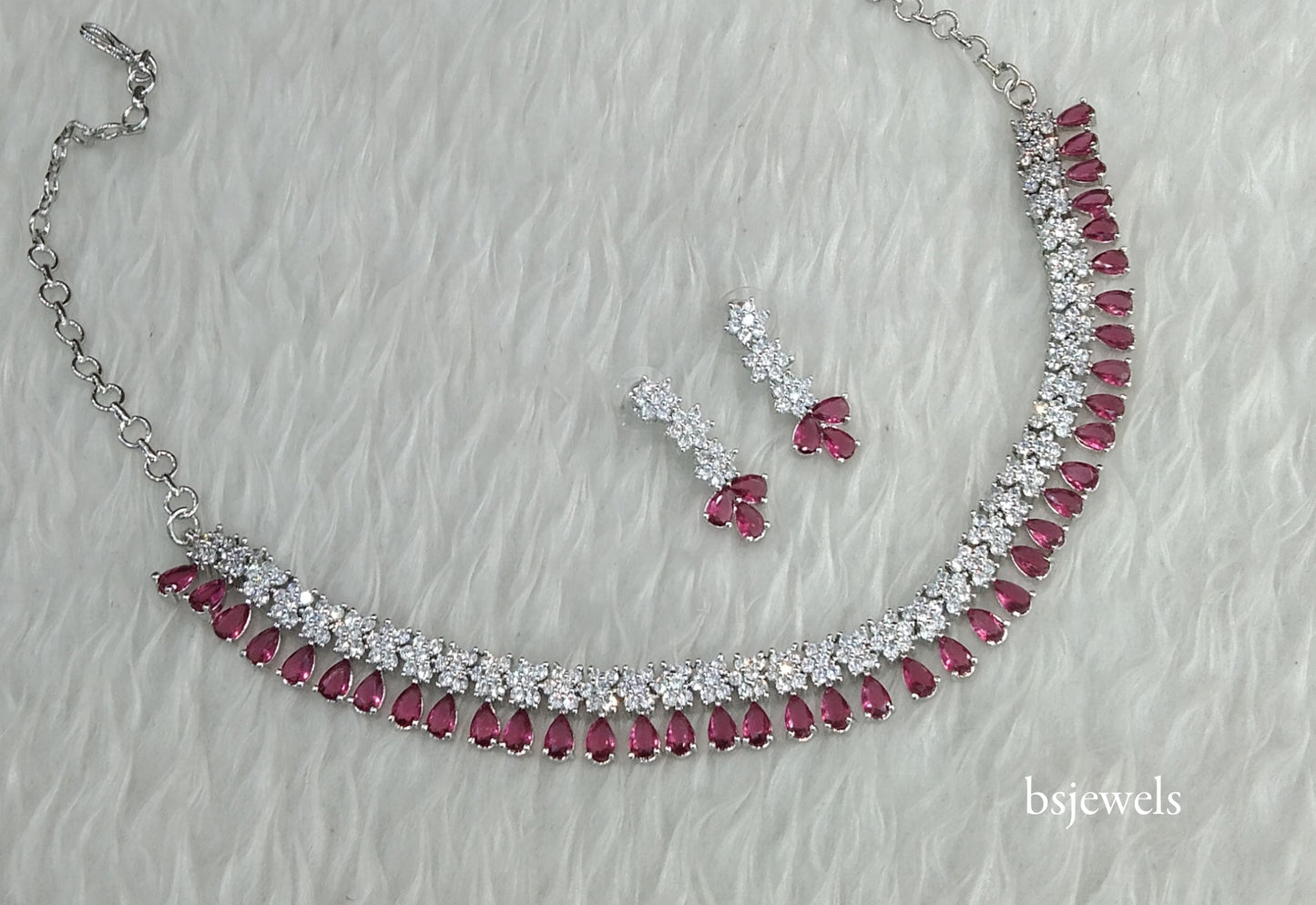 Silver Ruby American Diamond Ad Manat Necklace Set