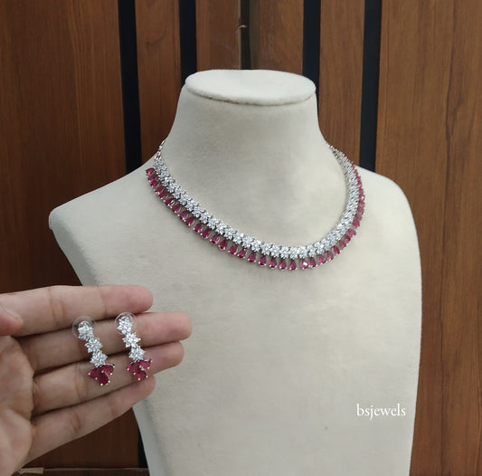 Silver Ruby American Diamond Ad Manat Necklace Set