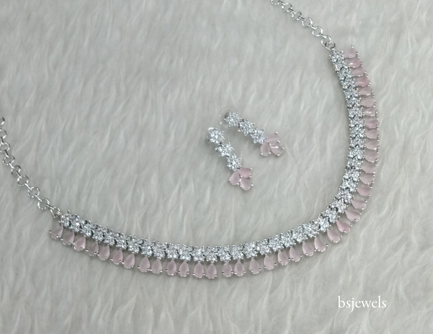 Silver Pink American Diamond Ad Manat Necklace Set