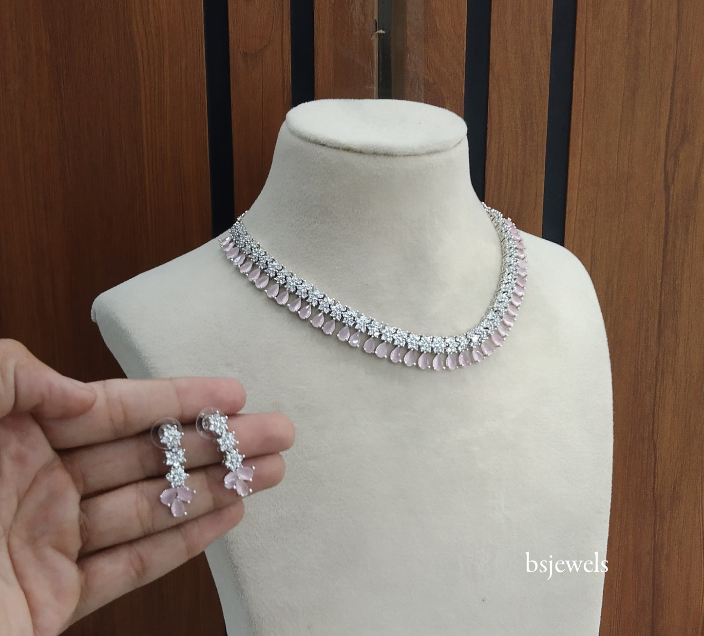 Silver Pink American Diamond Ad Manat Necklace Set