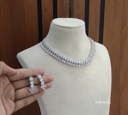 Silver Pink American Diamond Ad Manat Necklace Set