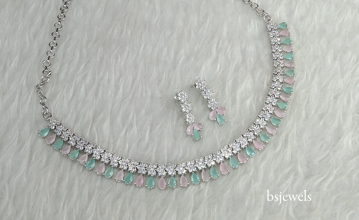 Silver Mint Pink American Diamond Ad Manat Necklace Set