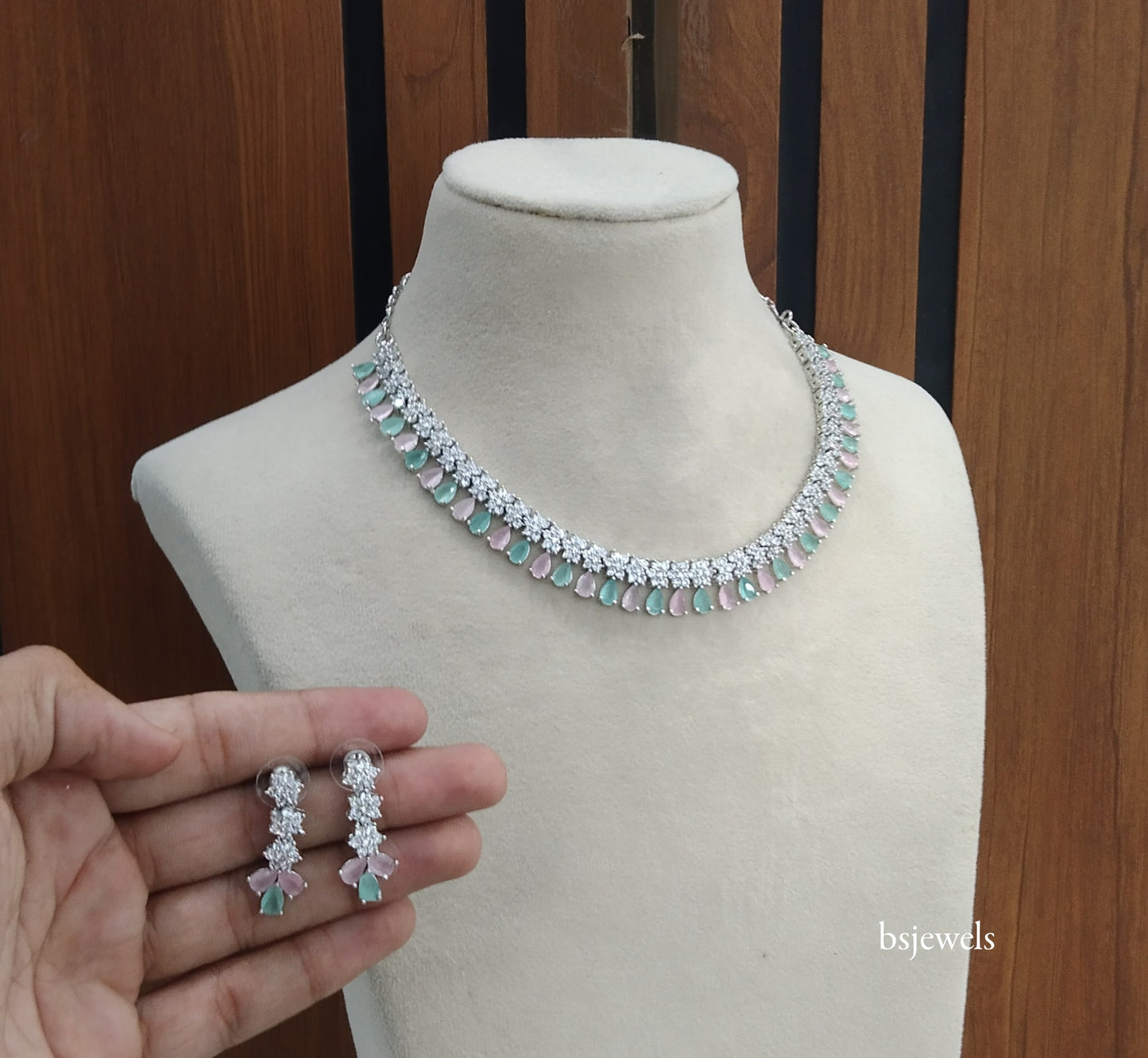 Silver Mint Pink American Diamond Ad Manat Necklace Set