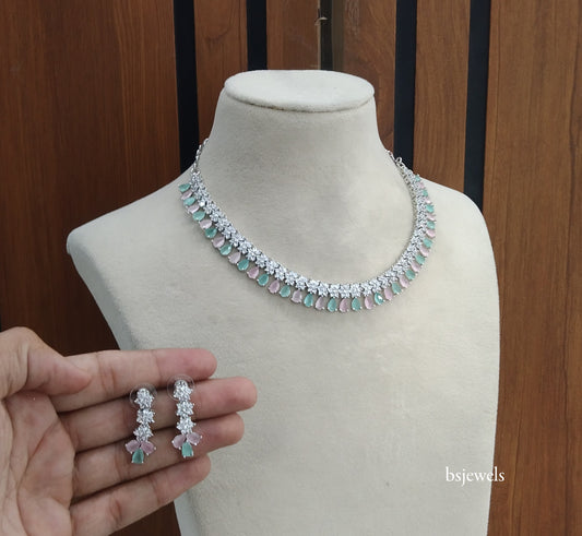 Silver Mint Pink American Diamond Ad Manat Necklace Set