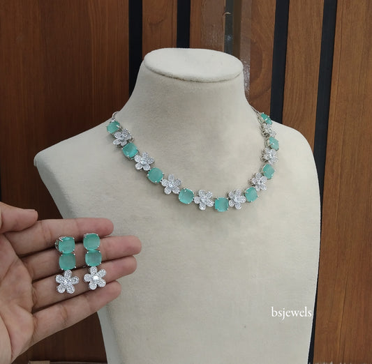 Silver Mint American Diamond Ad Ishmeet Necklace Set
