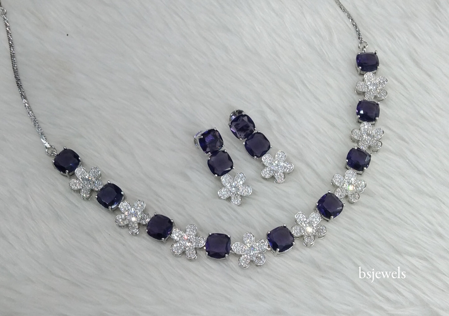 Silver Blue American Diamond Ad Ishmeet Necklace Set