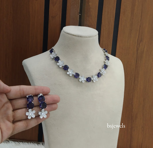 Silver Blue American Diamond Ad Ishmeet Necklace Set