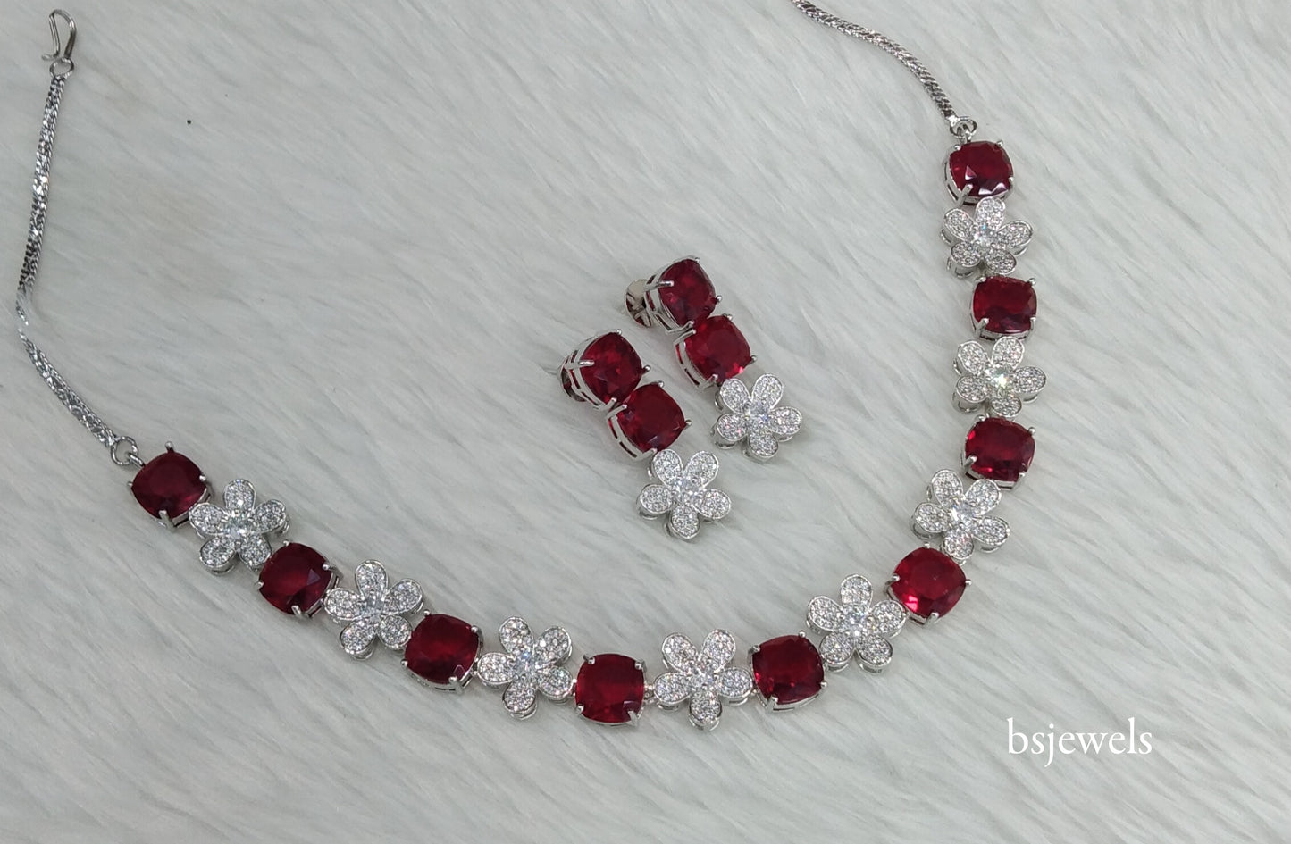 Silver Maroon American Diamond Ad Ishmeet Necklace Set