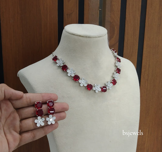Silver Maroon American Diamond Ad Ishmeet Necklace Set