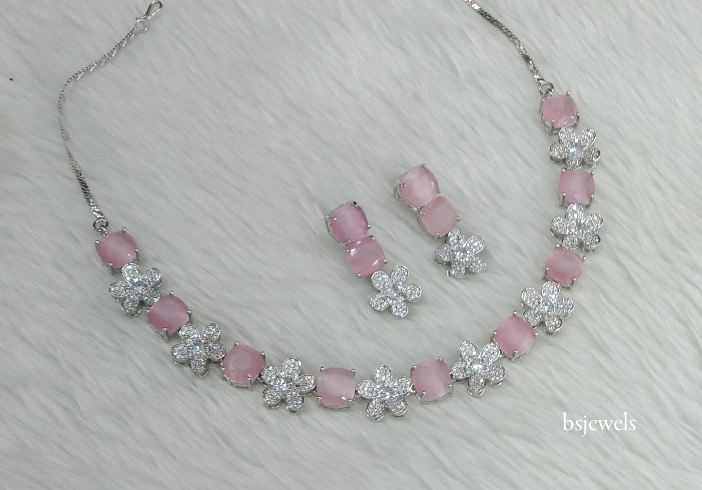 Silver Pink American Diamond Ad Ishmeet Necklace Set