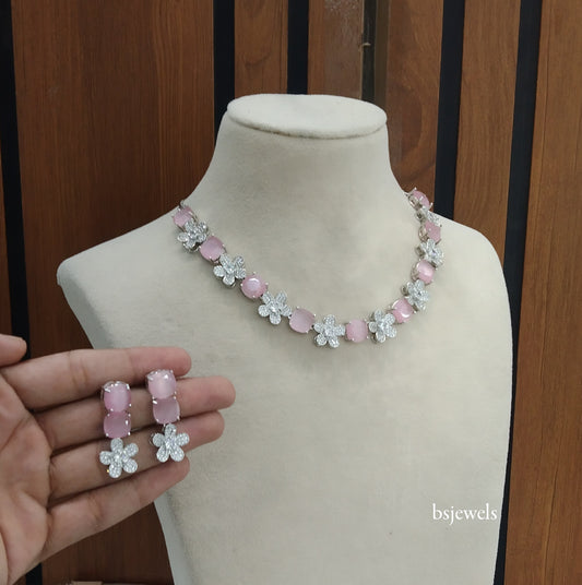Silver Pink American Diamond Ad Ishmeet Necklace Set