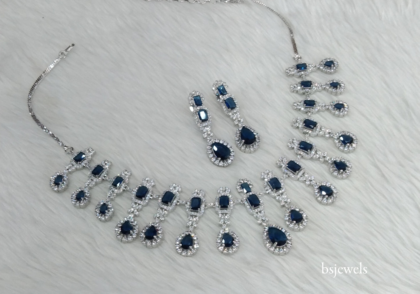 Silver Blue American Diamond Ad Jasmeet Necklace Set