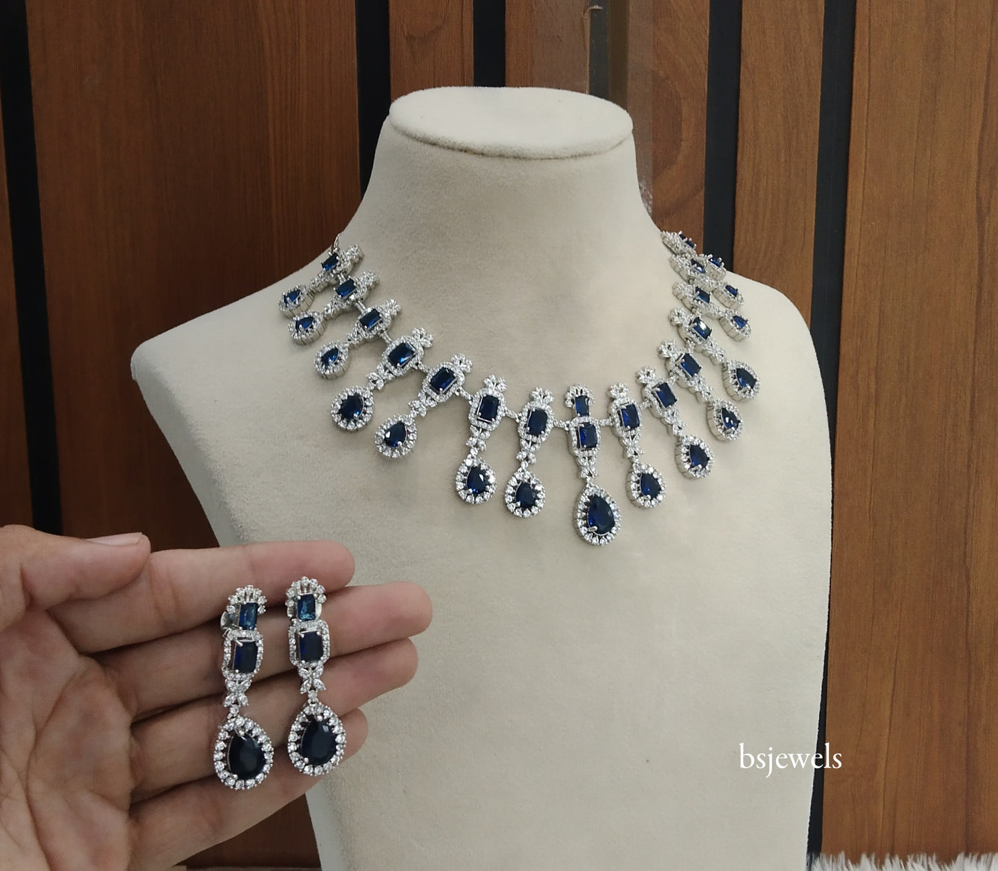 Silver Blue American Diamond Ad Jasmeet Necklace Set