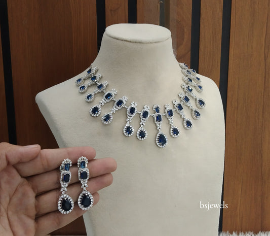 Silver Blue American Diamond Ad Jasmeet Necklace Set
