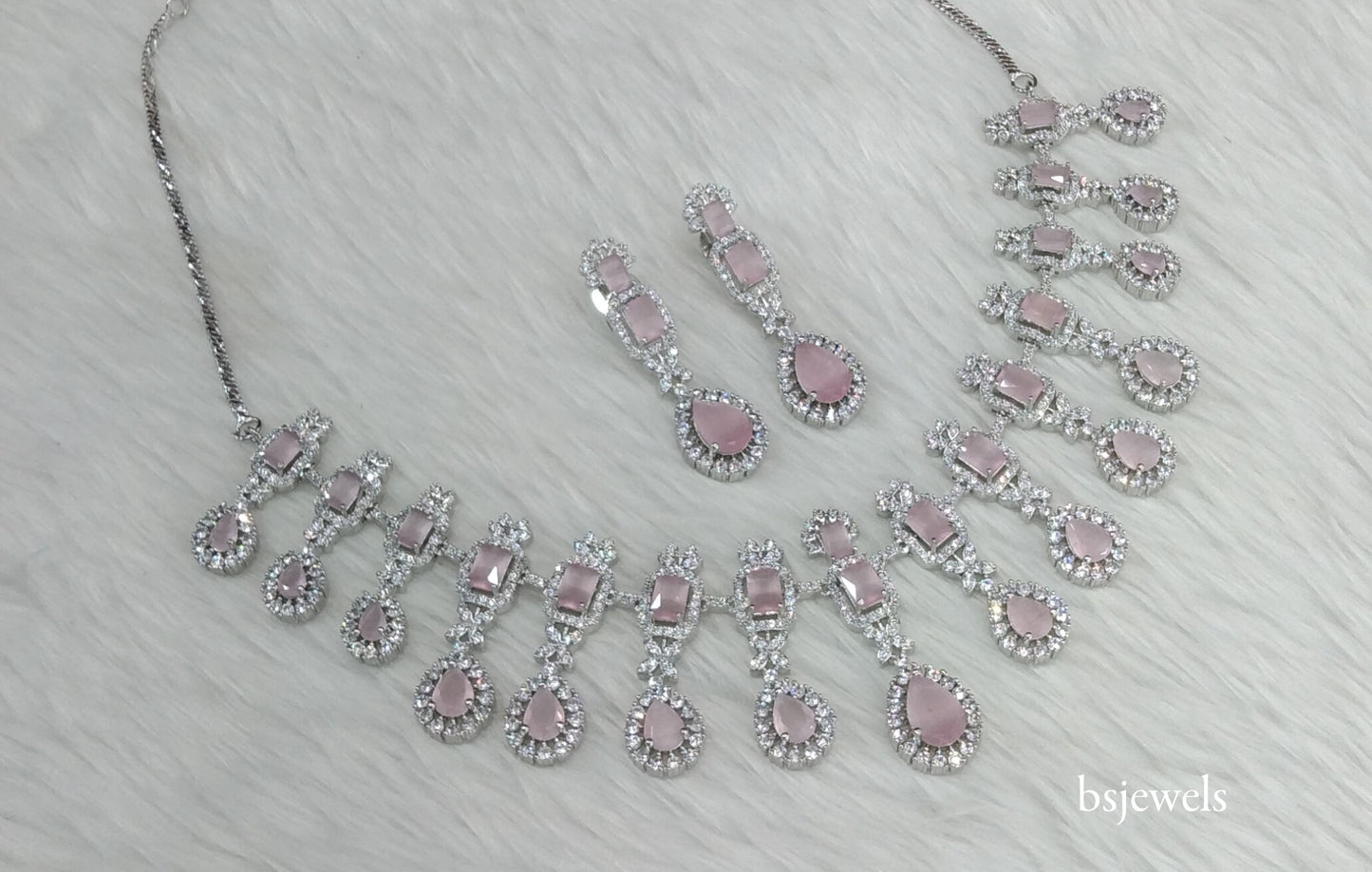 Silver Pink American Diamond Ad Jasmeet Necklace Set
