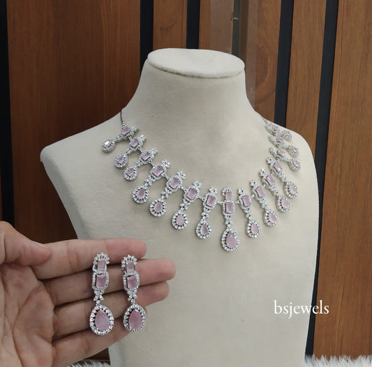 Silver Pink American Diamond Ad Jasmeet Necklace Set