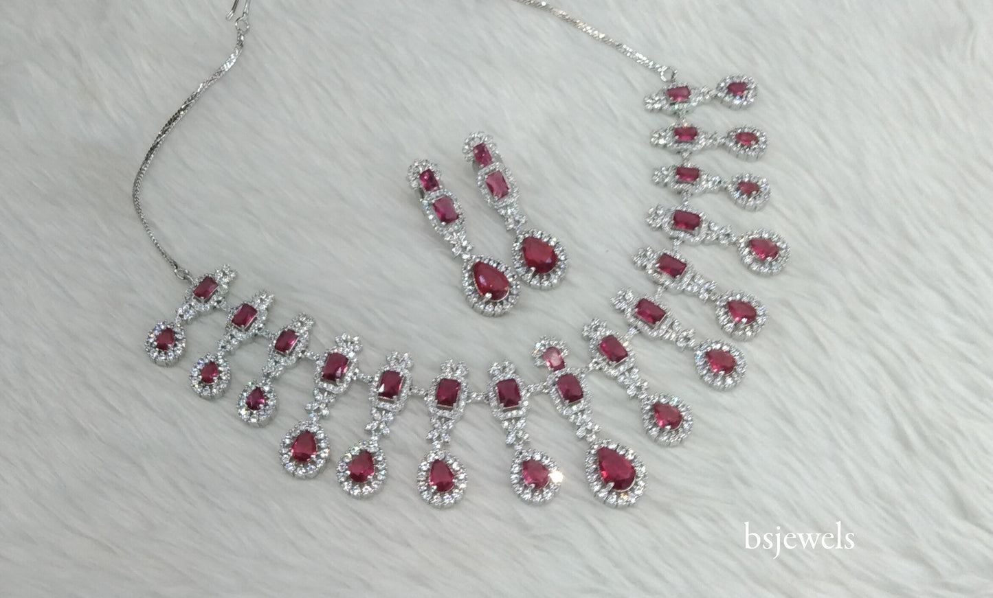 Silver Ruby American Diamond Ad Jasmeet Necklace Set