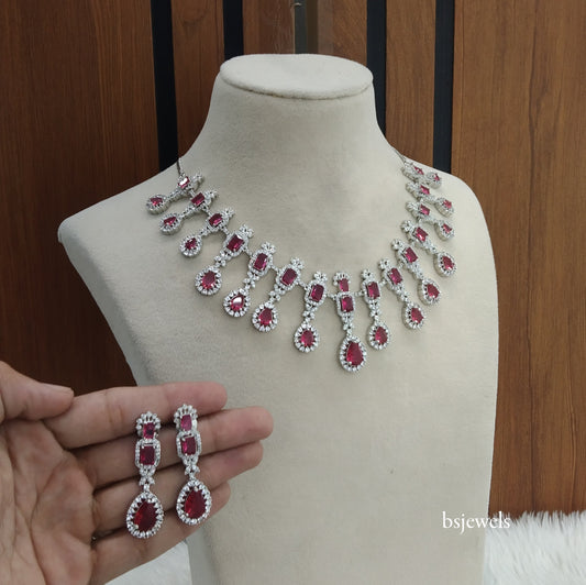 Silver Ruby American Diamond Ad Jasmeet Necklace Set