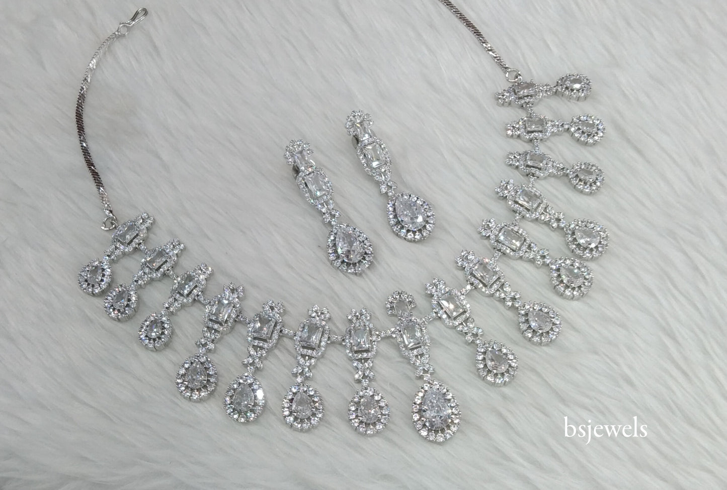 Silver American Diamond Ad Jasmeet Necklace Set