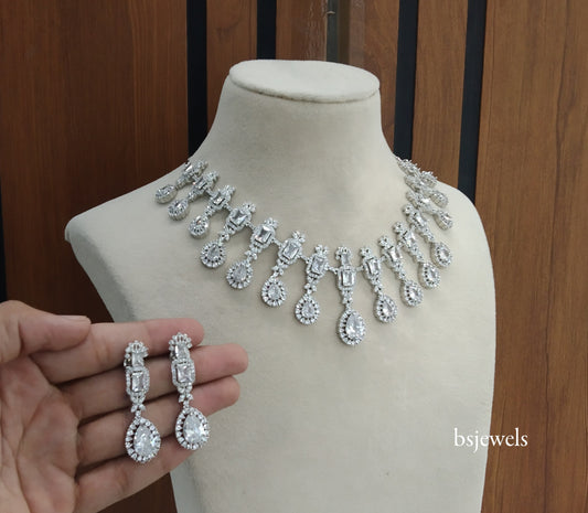 Silver American Diamond Ad Jasmeet Necklace Set