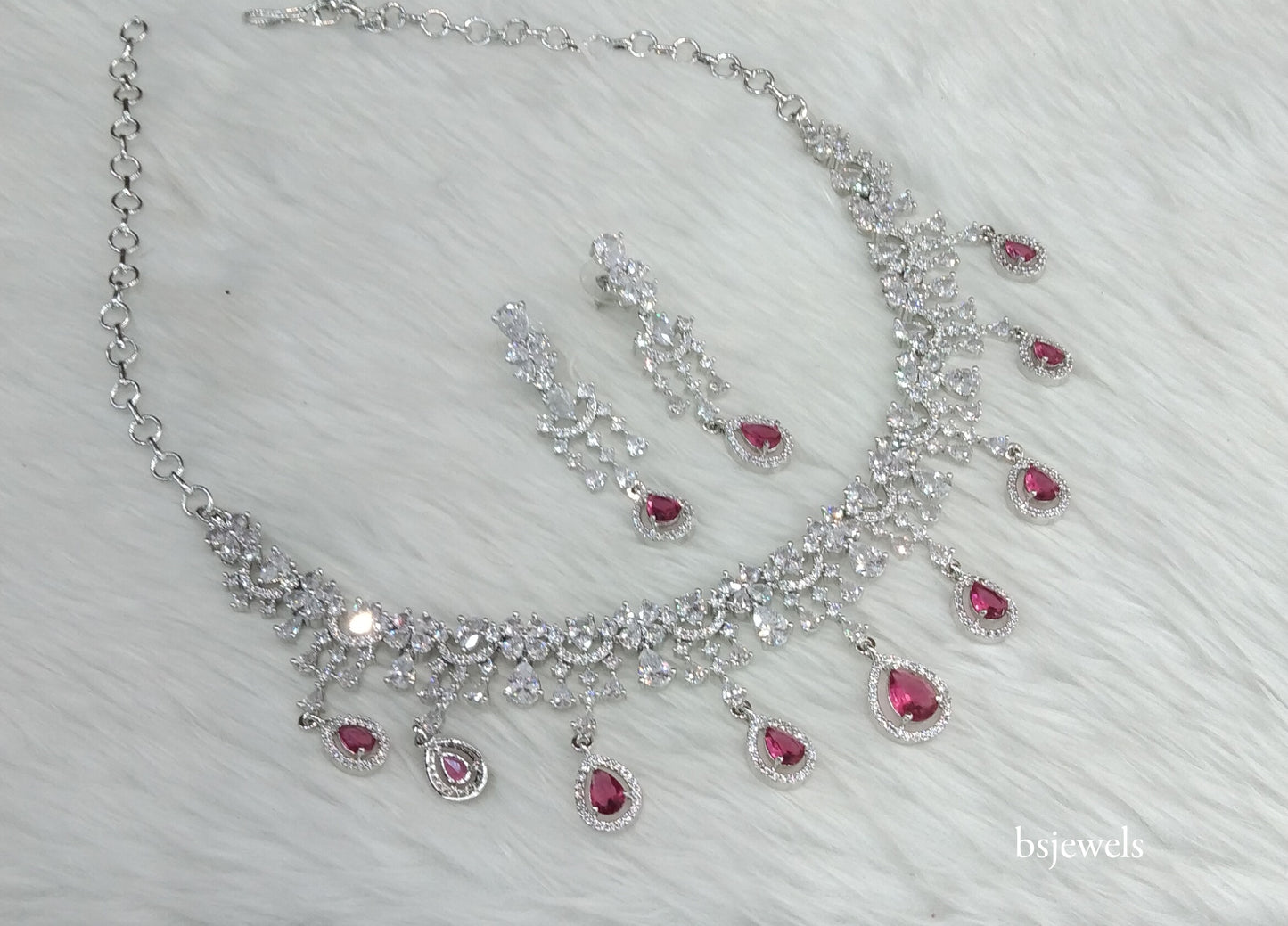 Silver Ruby American Diamond Ad Gaggi Necklace Set