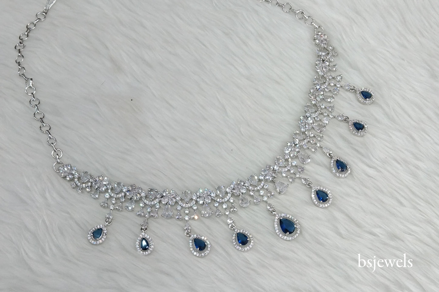 Silver Blue American Diamond Ad Gaggi Necklace Set