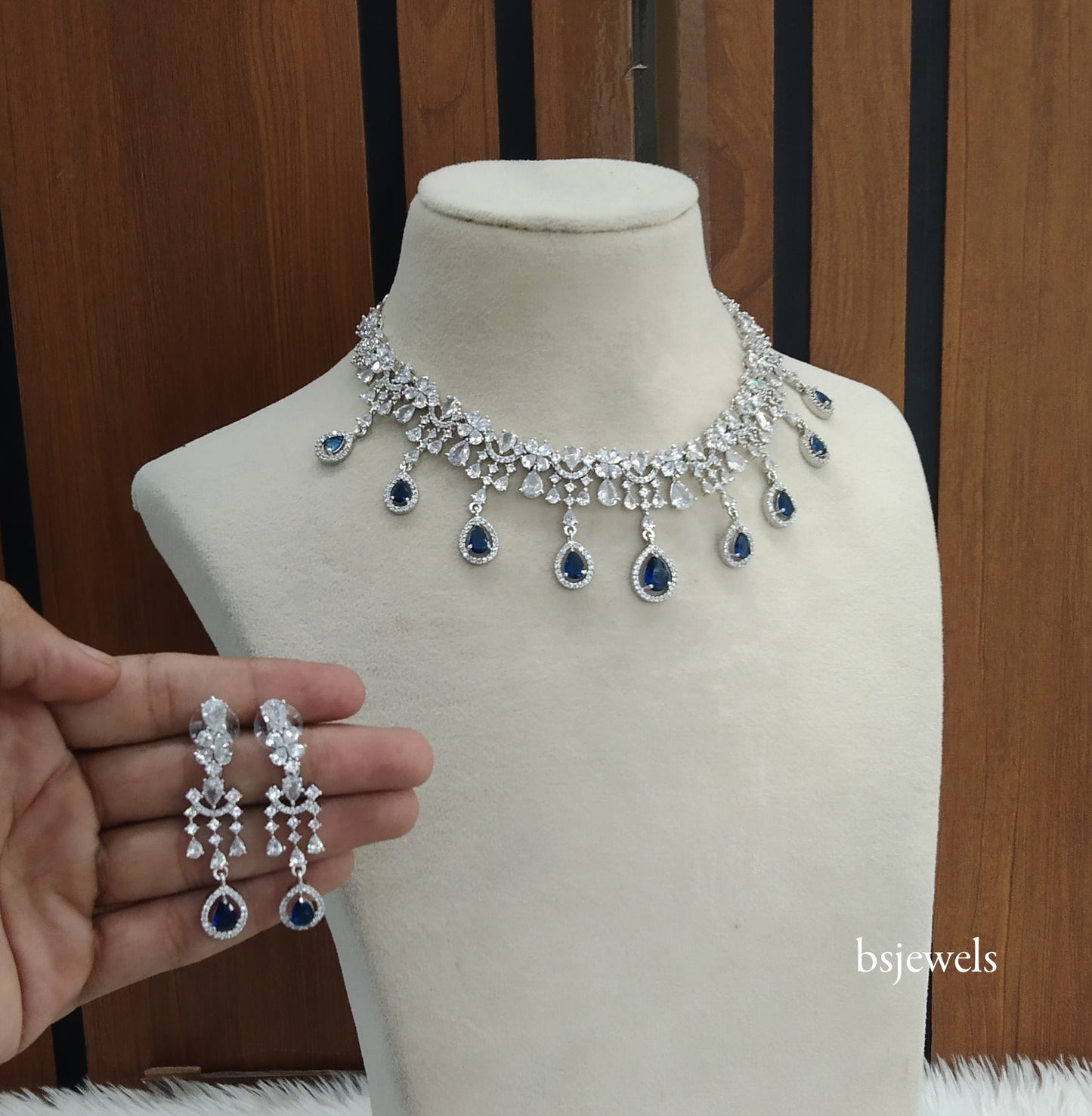 Silver Blue American Diamond Ad Gaggi Necklace Set