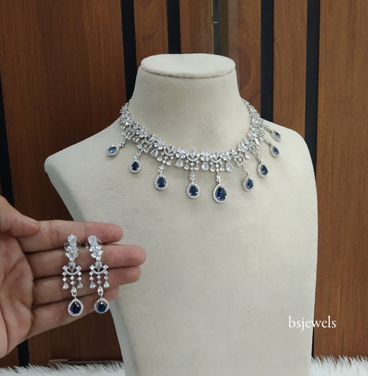 Silver Blue American Diamond Ad Gaggi Necklace Set