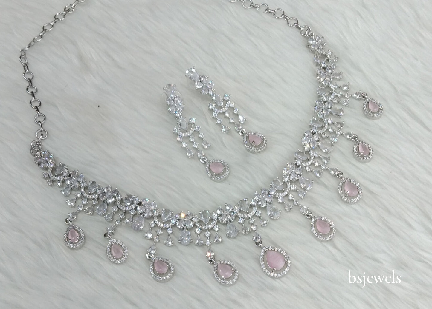 Silver Pink American Diamond Ad Gaggi Necklace Set