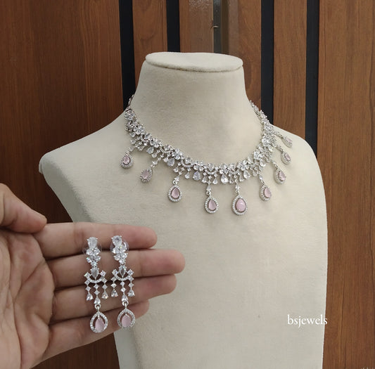 Silver Pink American Diamond Ad Gaggi Necklace Set