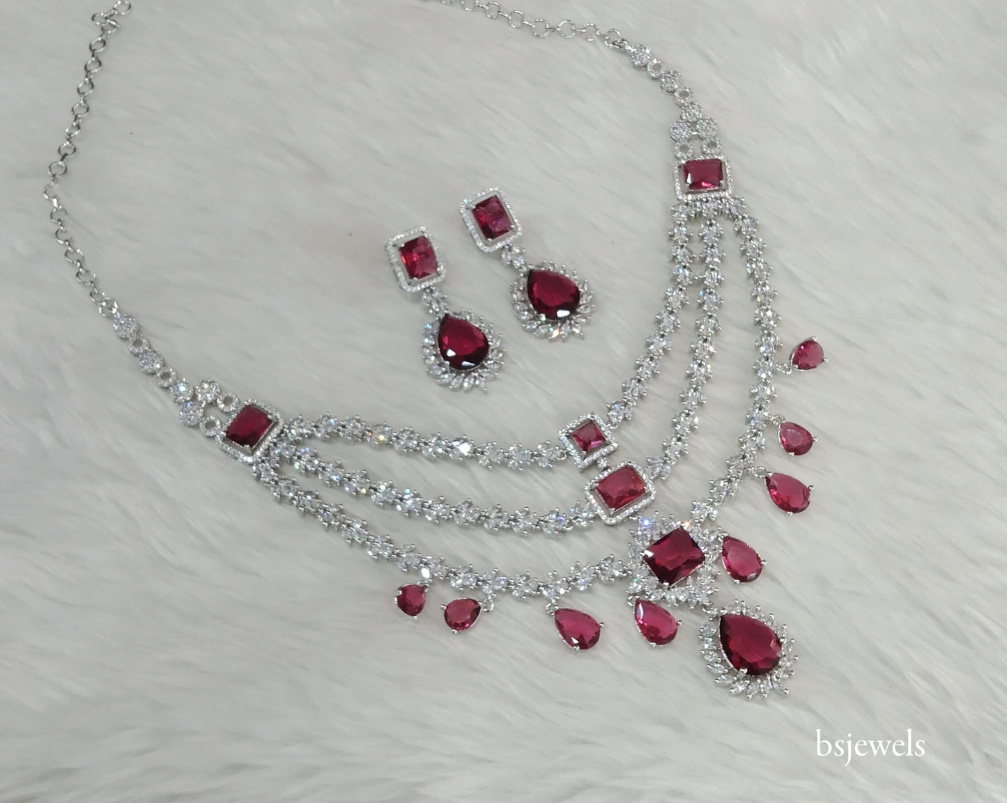 Silver Ruby American Diamond Ad Jasnoor Necklace Set