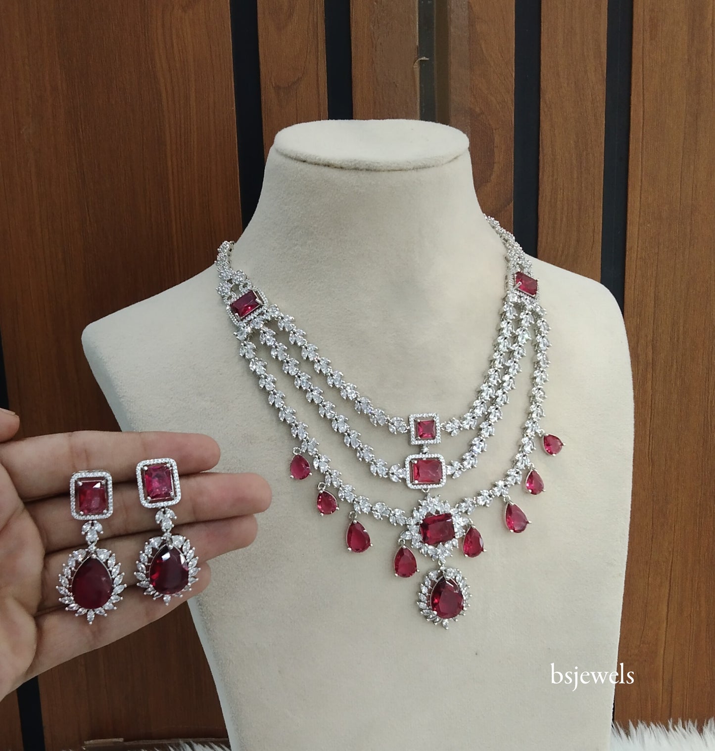 Silver Ruby American Diamond Ad Jasnoor Necklace Set
