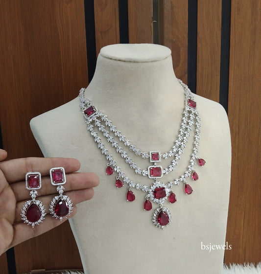 Silver Ruby American Diamond Ad Jasnoor Necklace Set