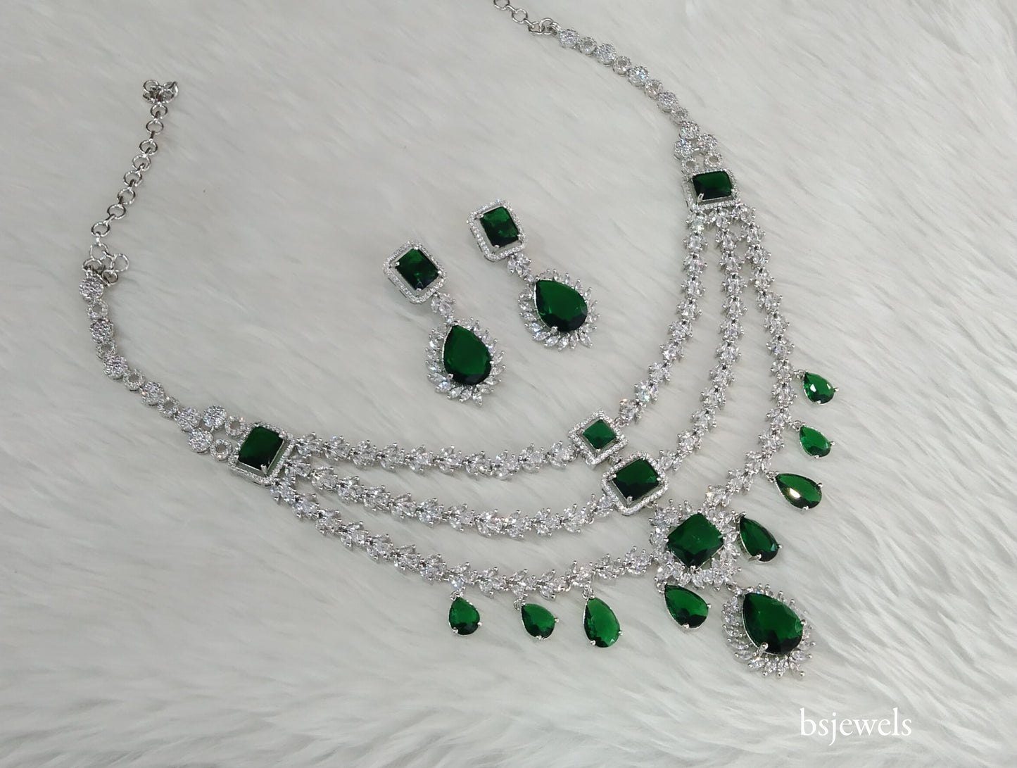 Silver Green American Diamond Ad Jasnoor Necklace Set