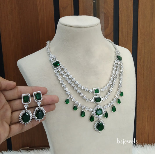 Silver Green American Diamond Ad Jasnoor Necklace Set