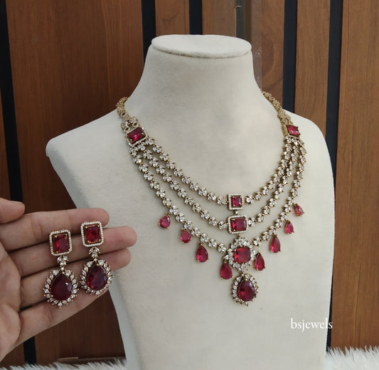 Antique Ruby American Diamond Ad Jasnoor Necklace Set