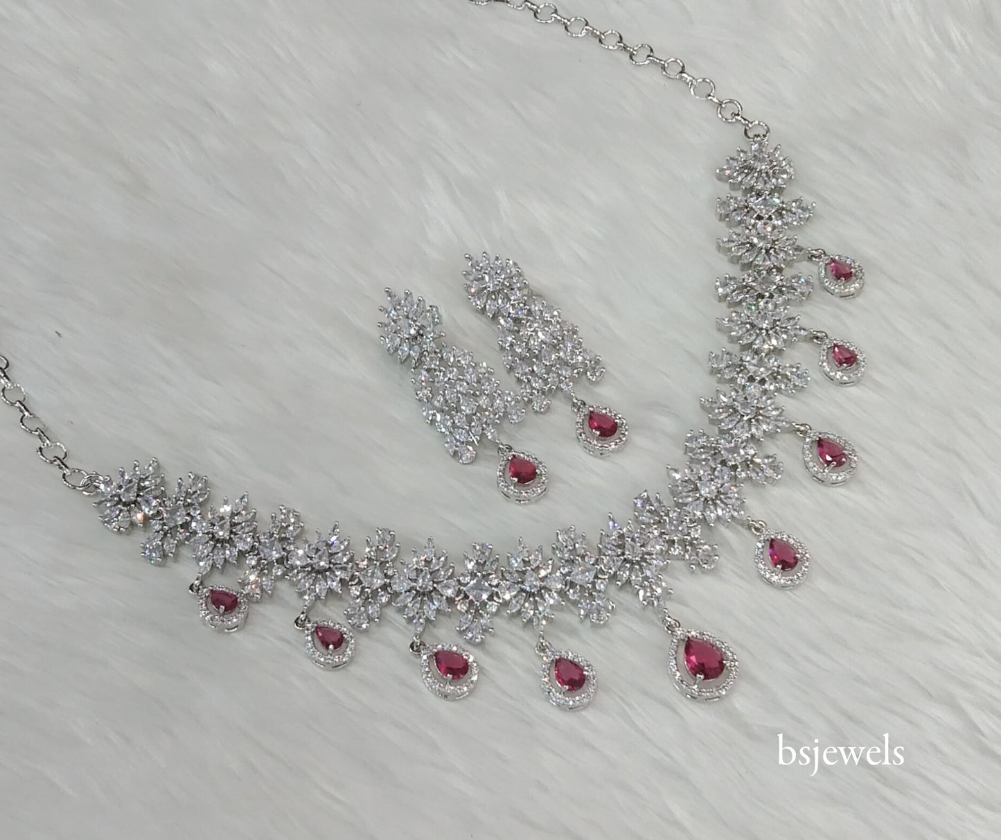 Silver Ruby American Diamond Ad Jassu Necklace Set