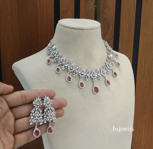 Silver Ruby American Diamond Ad Jassu Necklace Set