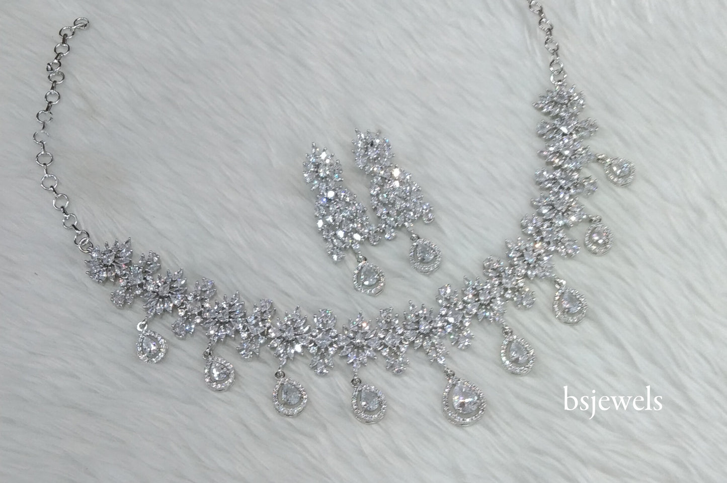 Silver American Diamond Ad Jassu Necklace Set
