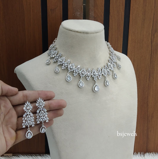 Silver American Diamond Ad Jassu Necklace Set