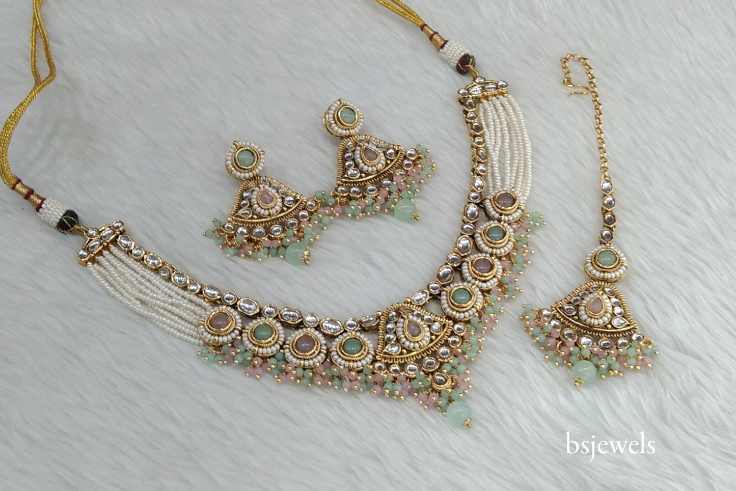 Gold Mint pink Kundan Necklace Pinki sets