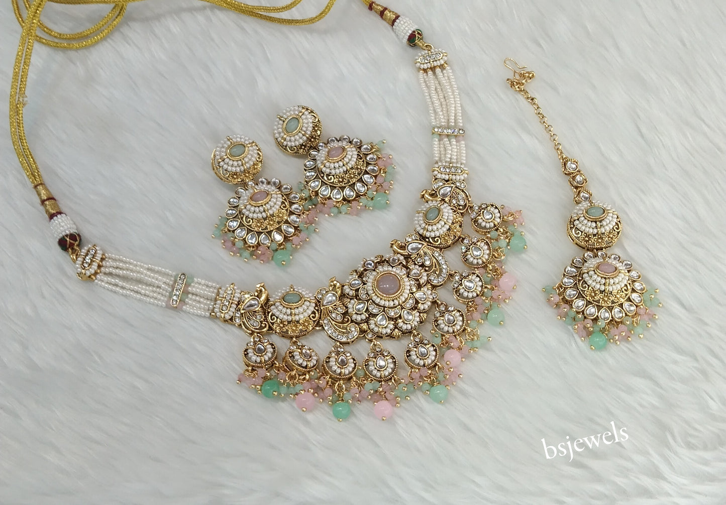 Gold Mint Pink Kundan Choker Jewellery Priyanka Sets