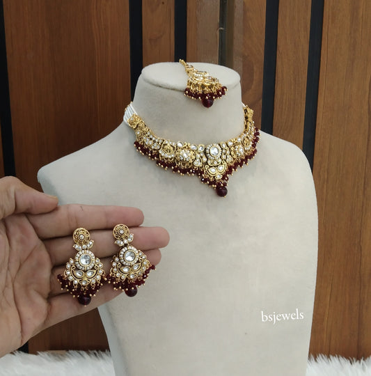 Gold Maroon Kundan Choker Jewellery Gopi Sets