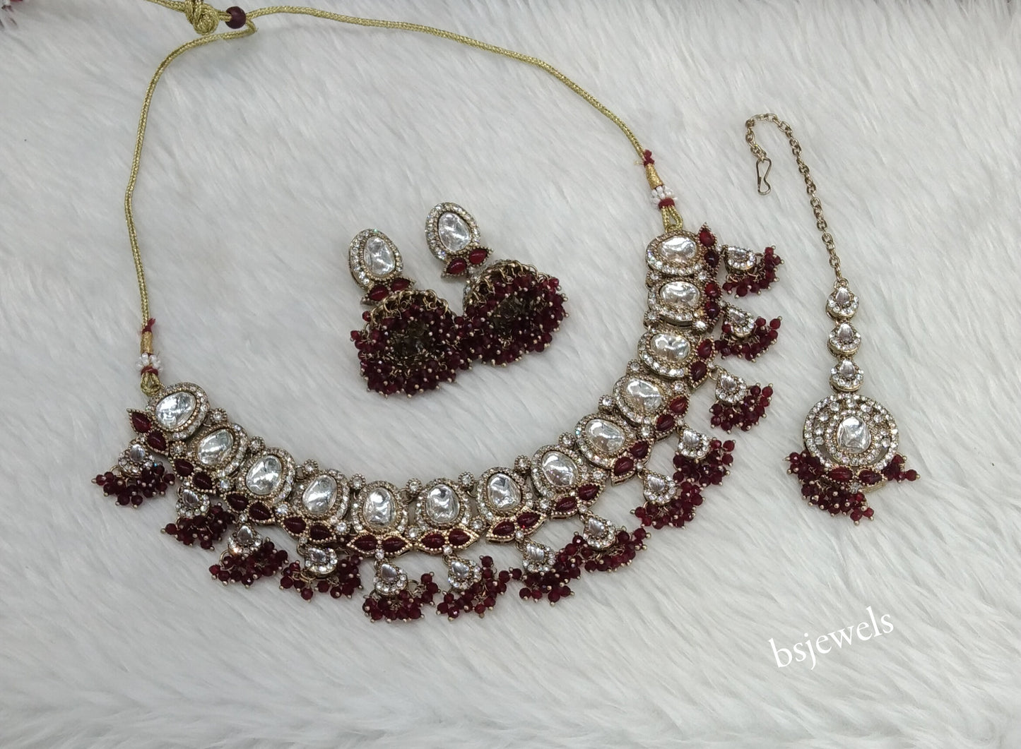 Antique Maroon Kundan Necklace Jewellery Geet Set